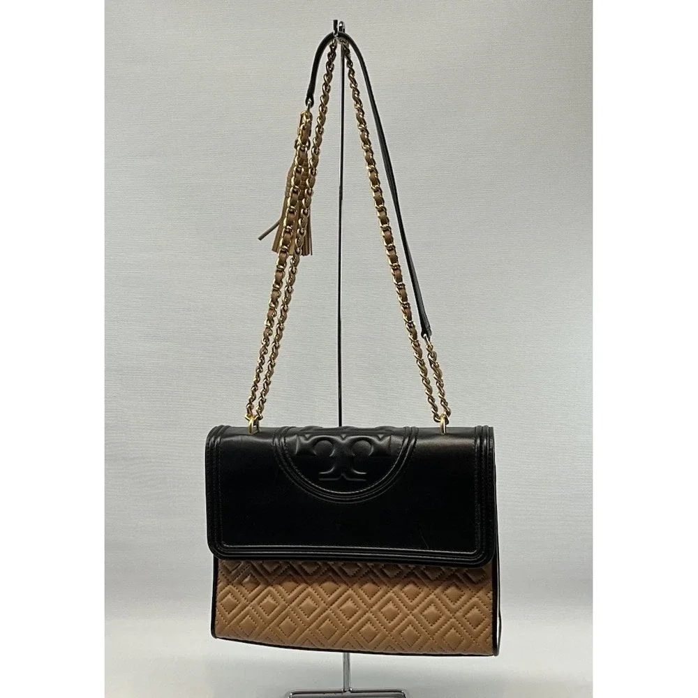 Tory Burch Fleming Quilted Colorblock Convertible Leather Shoulder Bag Black Tan